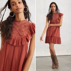 Anthropologie Othilia Lesly Ruffled Mini Dress in Rust Red, Size Medium
